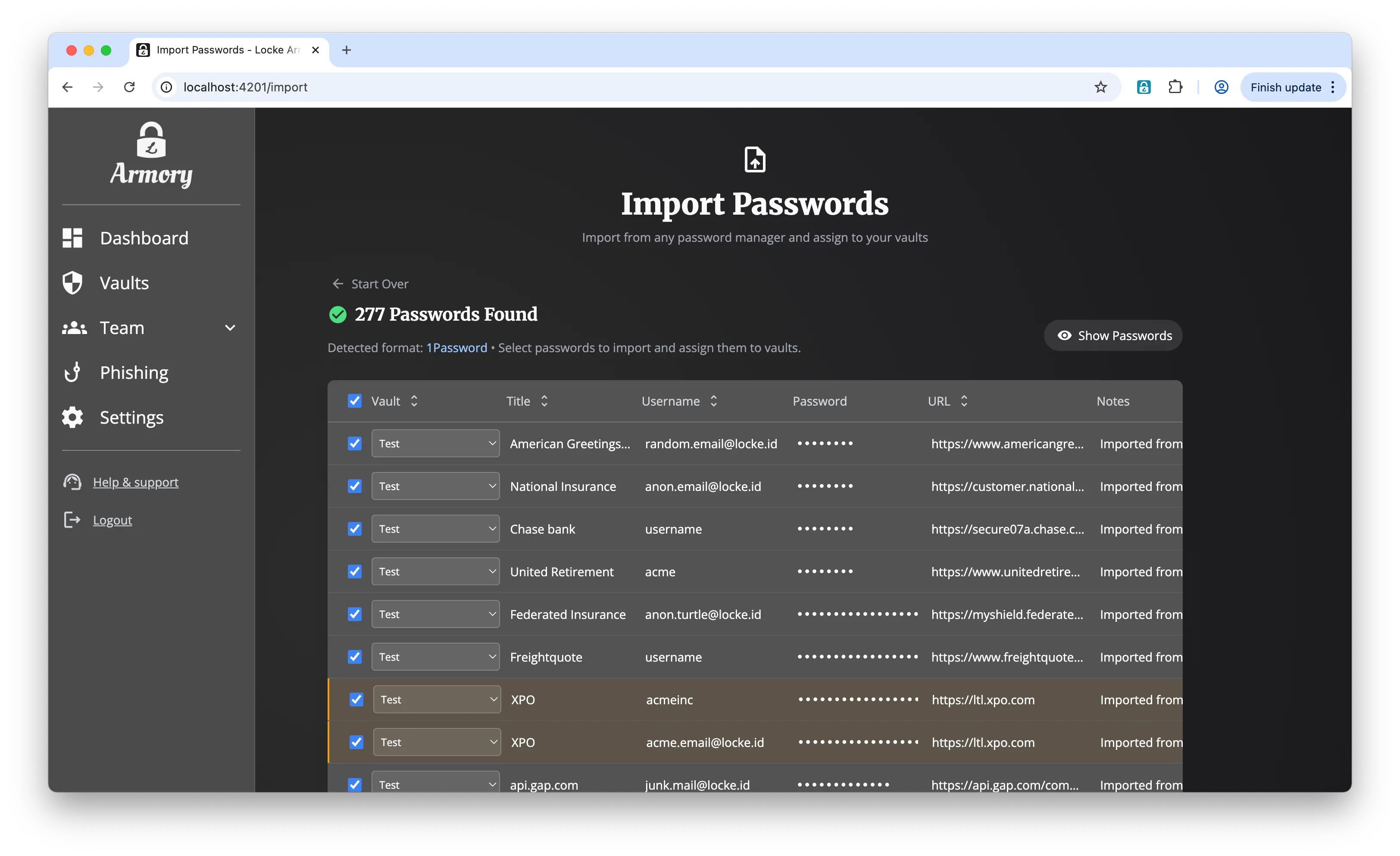Import passwords from CSV with auto-format detection and vault assignment